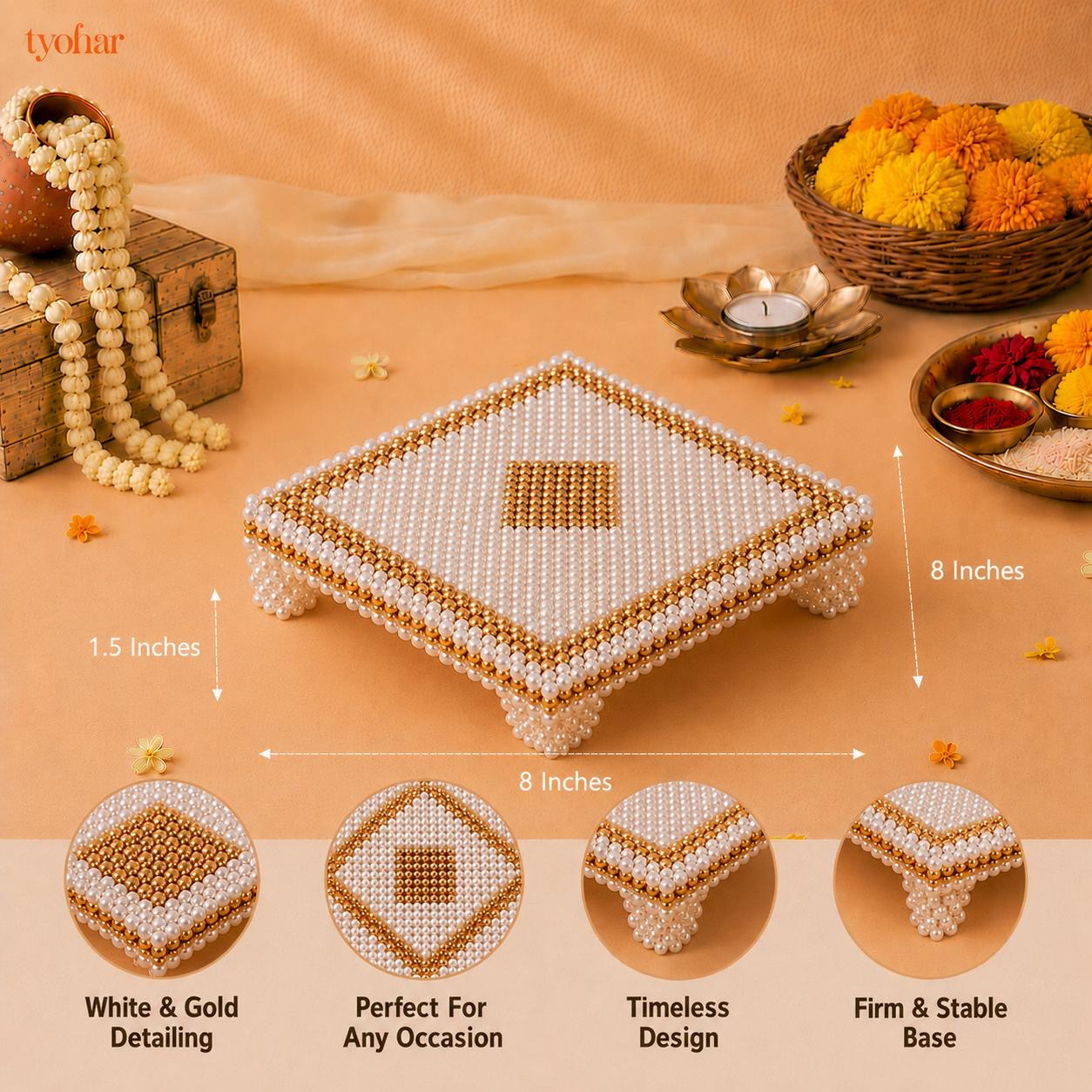 White and Gold Pearl Pooja Chowki [3 Sizes]