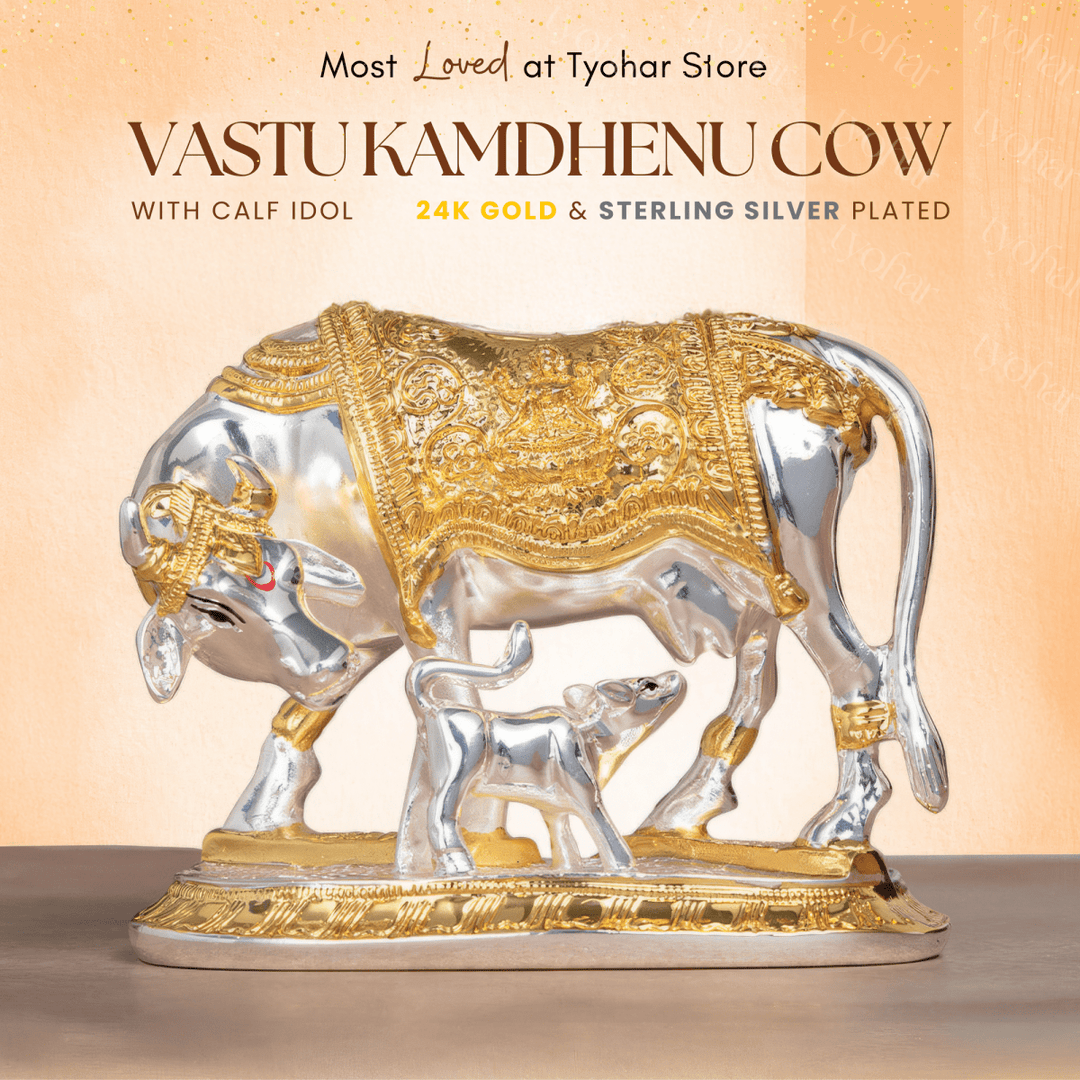 Mata Kamdhenu with Nandi Calf Idol | 24K Gold & Pure Silver Plated - Tyohar Store