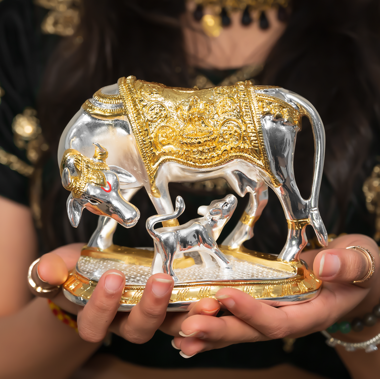Kamdhenu Cow with Calf | 24K Gold & 999 Silver Plated