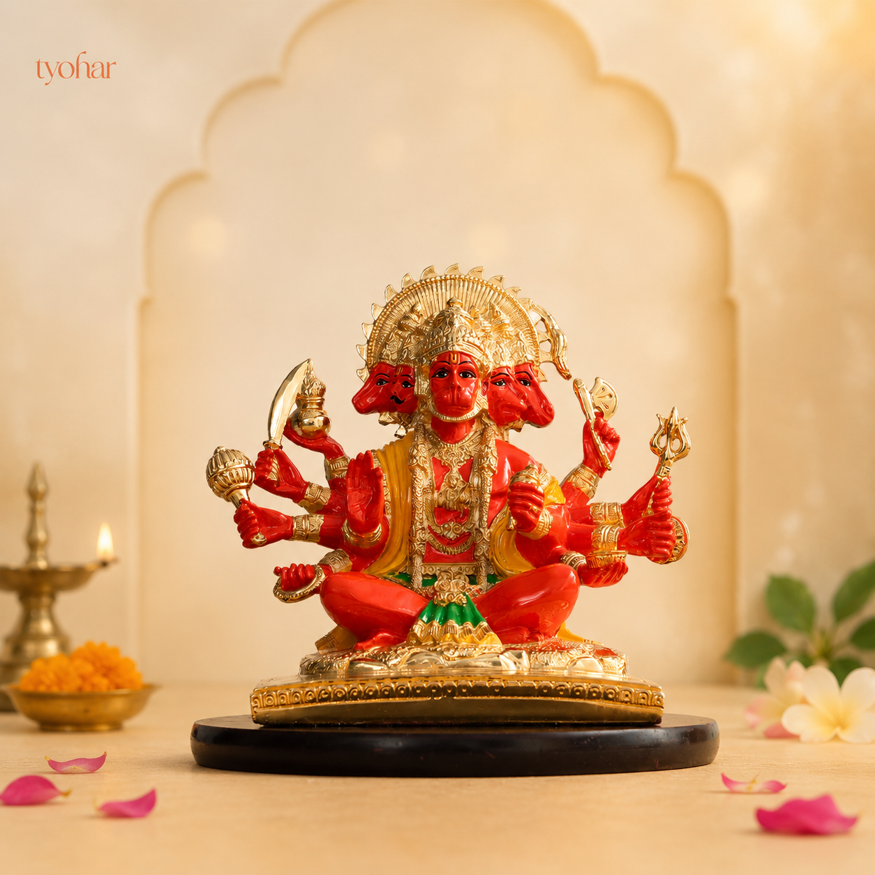 Panchmukhi Hanuman Statue With Orange Enamel | Pure 24K Gold Plated