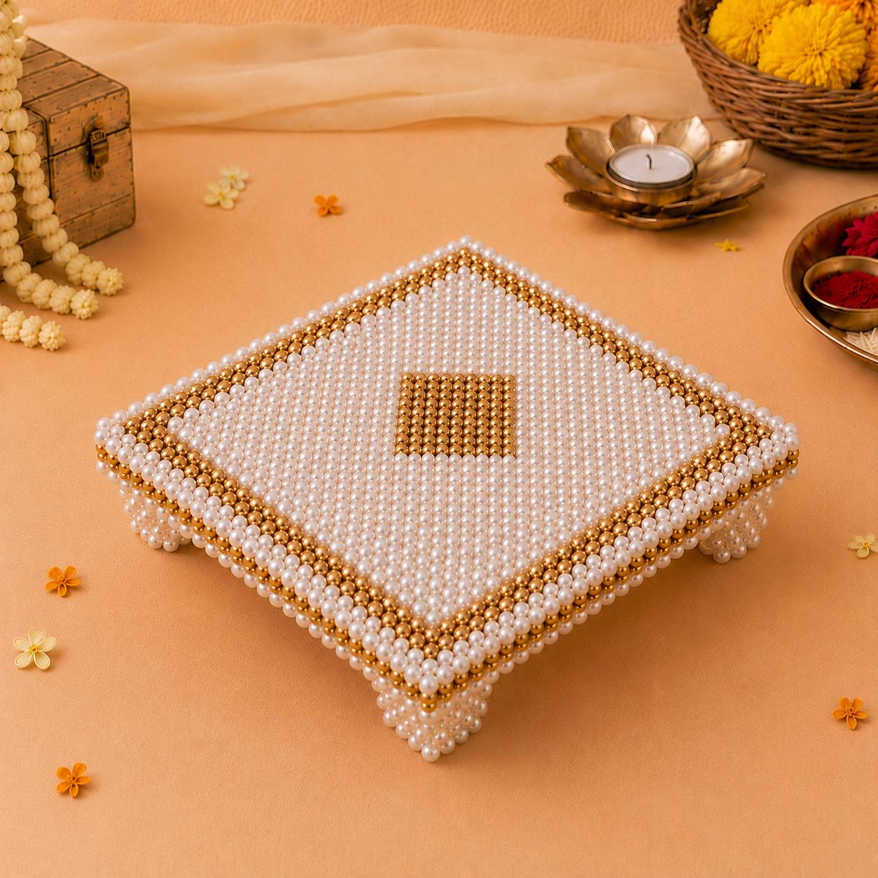 White and Gold Pearl Pooja Chowki [3 Sizes]