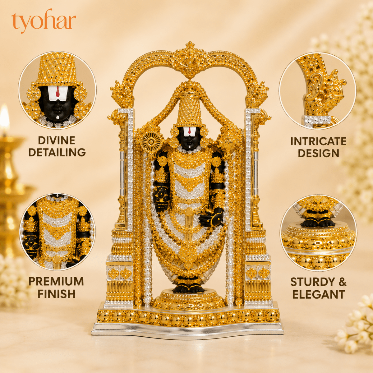 Lord Balaji (Srinivasa Mangapuram) Idol | Pure Gold & Silver plated - Tyohar Store