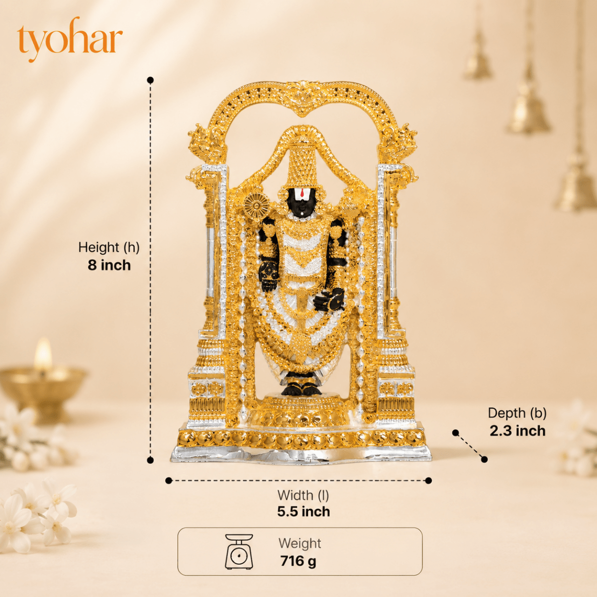 Lord Balaji (Srinivasa Mangapuram) Idol | Pure Gold & Silver plated - Tyohar Store