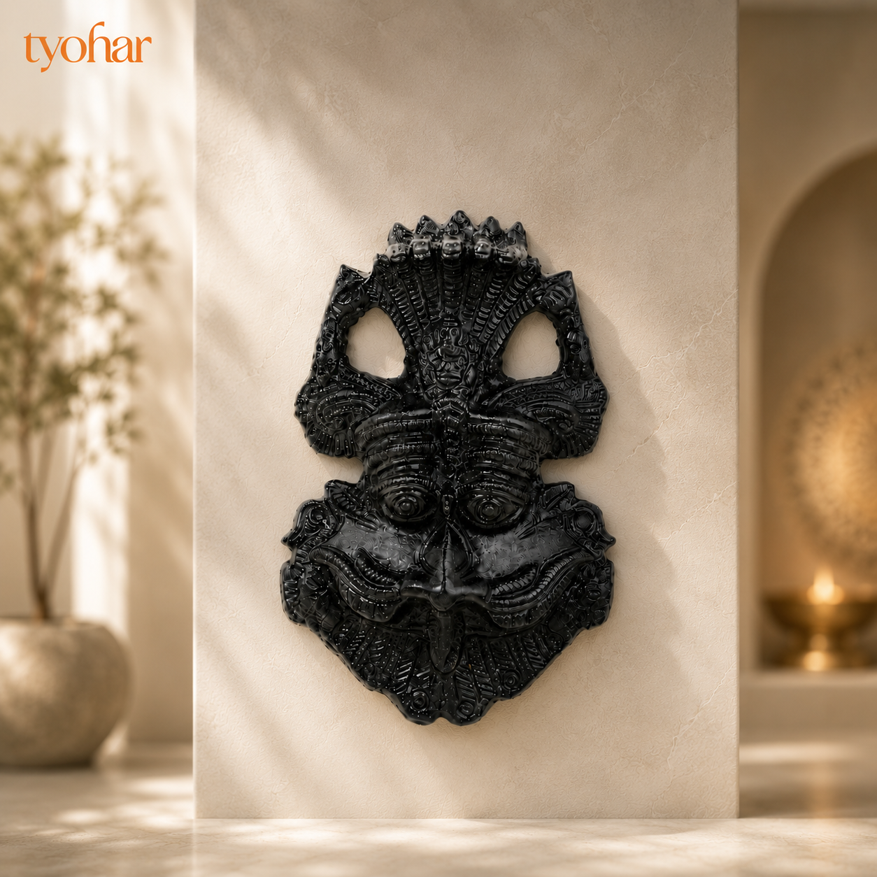 Pure Black Tourmalline Kirtimukh Idol