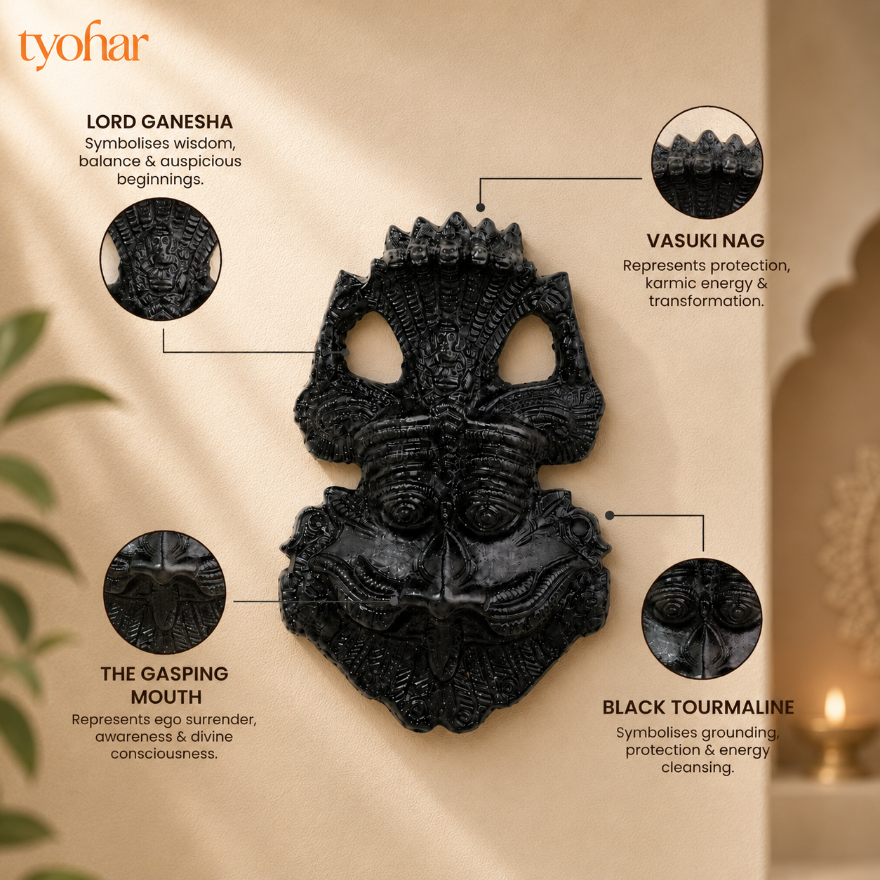 Pure Black Tourmalline Kirtimukh Idol