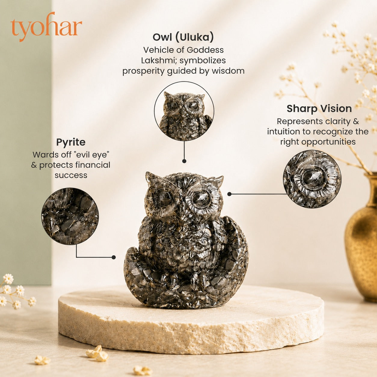 Raw Pyrite Owl with Moon For Wealth, Wisdom & Protection