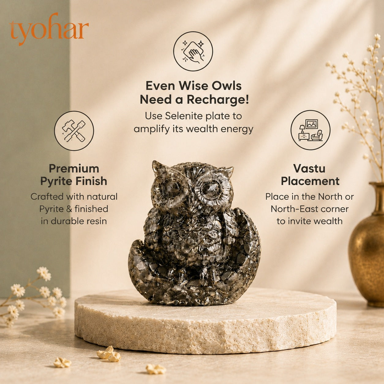 Raw Pyrite Owl with Moon For Wealth, Wisdom & Protection