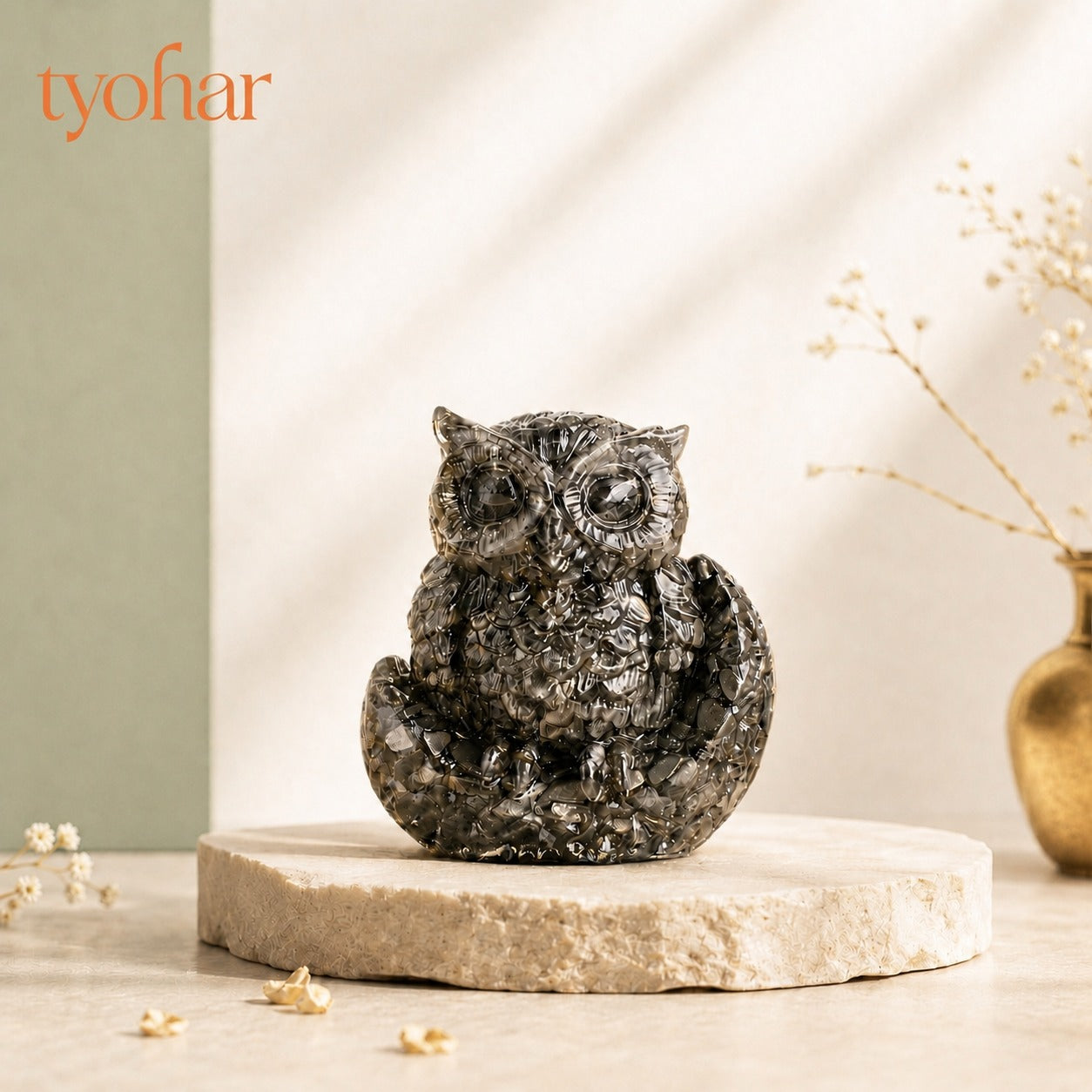 Raw Pyrite Owl with Moon For Wealth, Wisdom & Protection