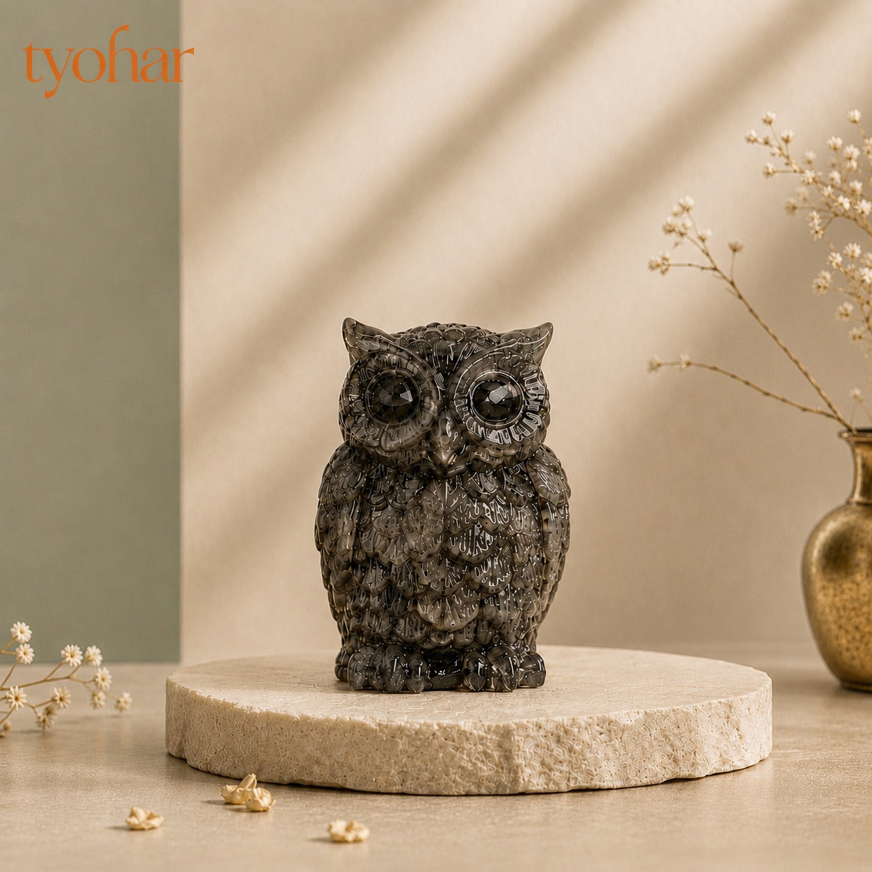 Raw Pyrite Owl with Moon For Wealth, Wisdom & Protection
