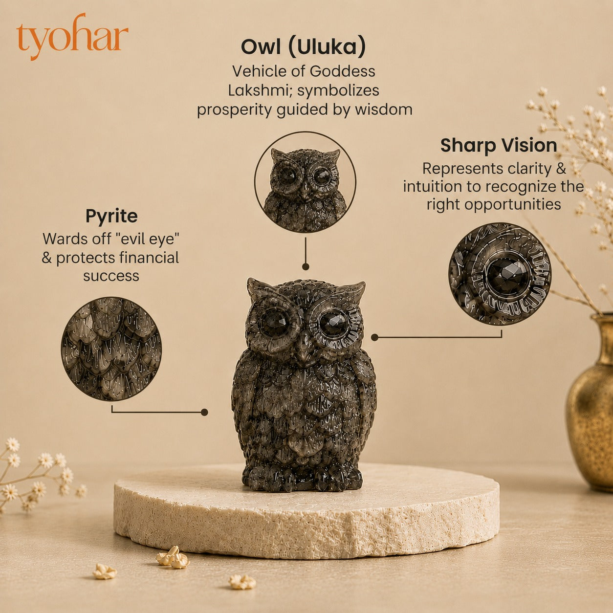 Raw Pyrite Owl with Moon For Wealth, Wisdom & Protection