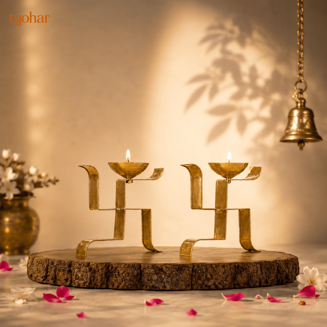 Brass Vertical Swastika Symbol Diyas (Set of 2) - Tyohar Store