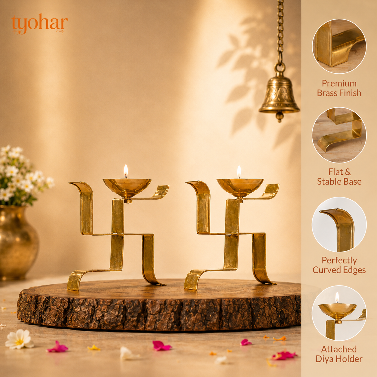 Brass Vertical Swastika Symbol Diyas (Set of 2)