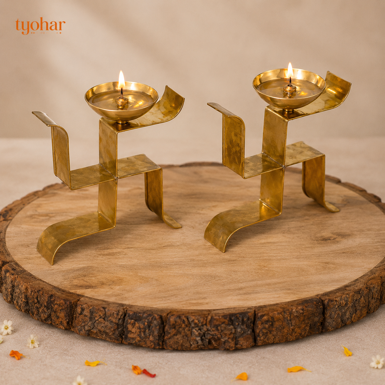 Brass Vertical Swastika Symbol Diyas (Set of 2)
