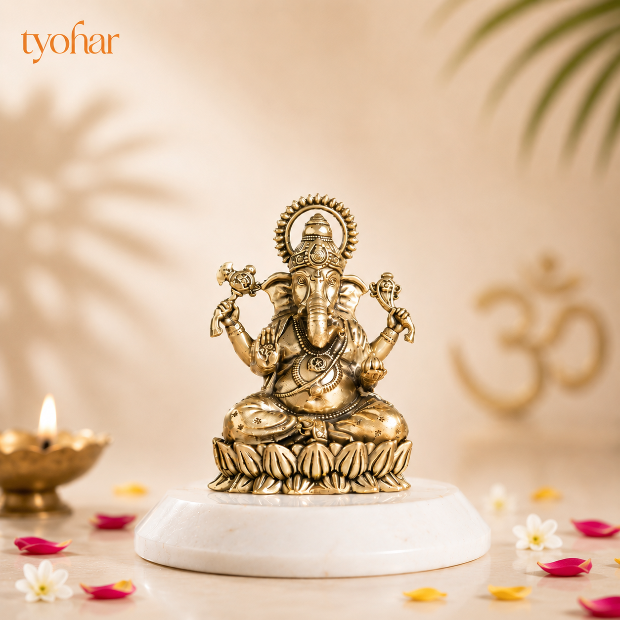 Brass Left-Trunk Vighnaharta Ganesha Murti Sitting On Lotus [3 Inch]