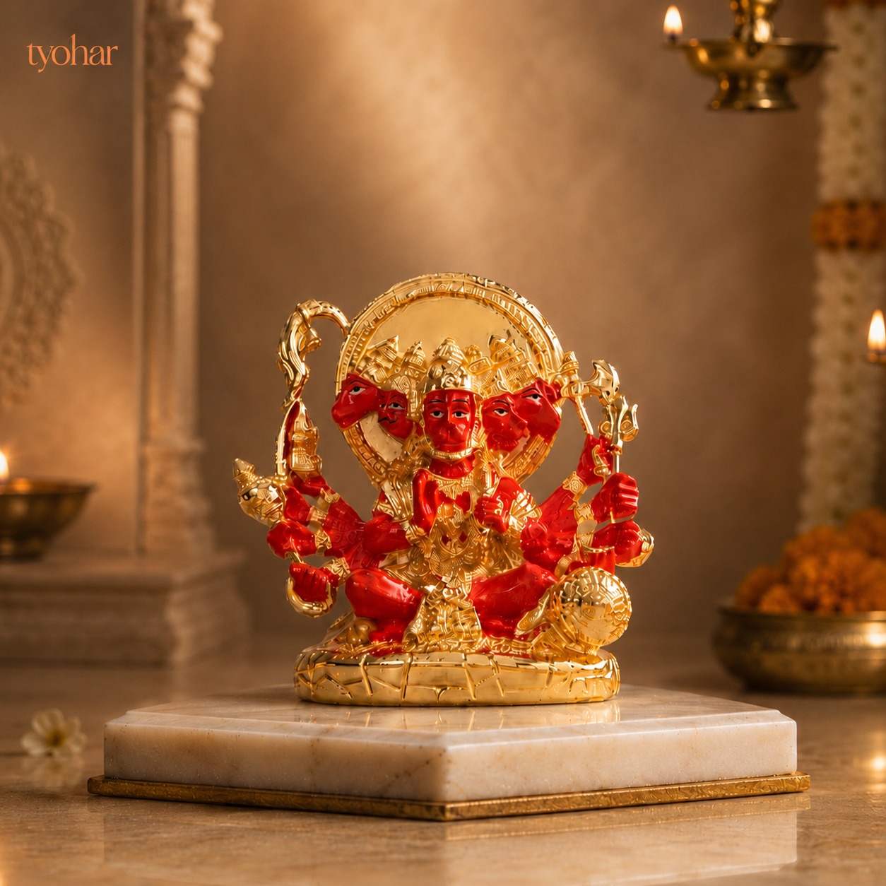Panchmukhi Hanuman Statue With Orange Enamel | Pure 24K Gold Plated