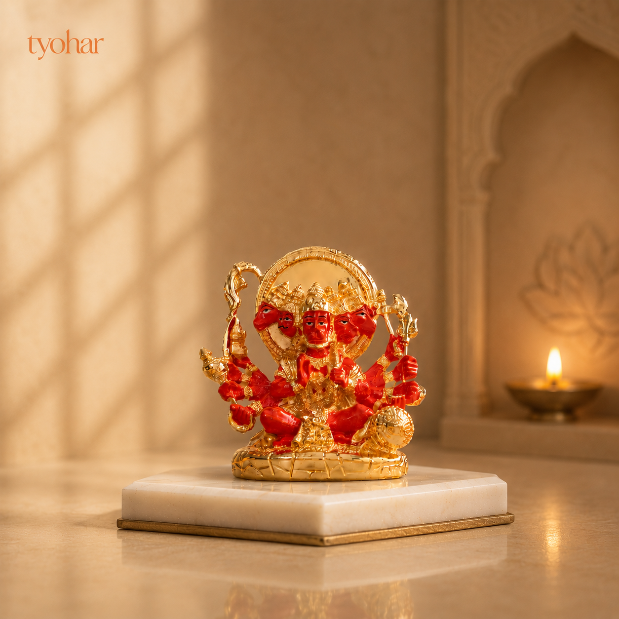 Panchmukhi Hanuman Statue With Orange Enamel | Pure 24K Gold Plated