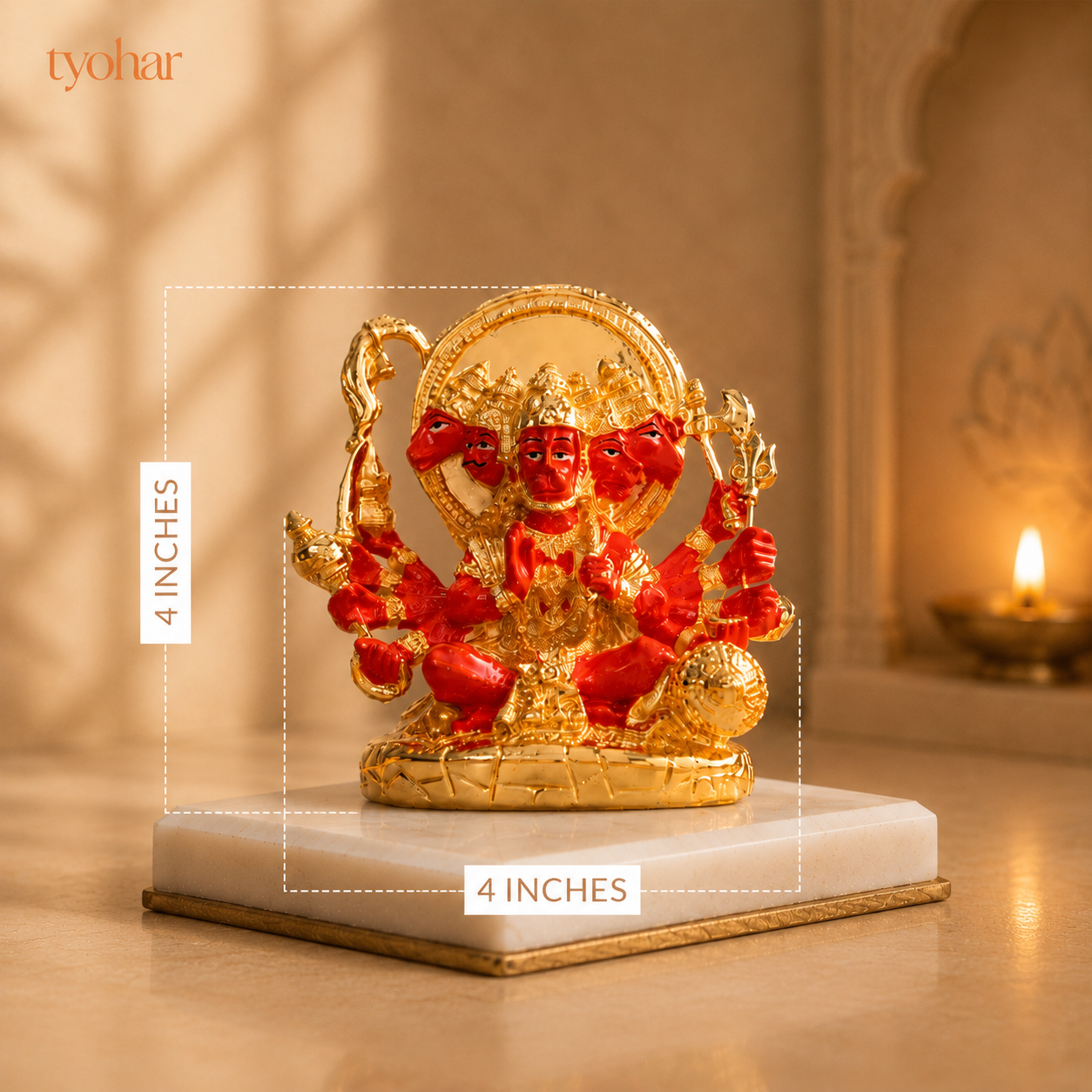Panchmukhi Hanuman Statue With Orange Enamel | Pure 24K Gold Plated