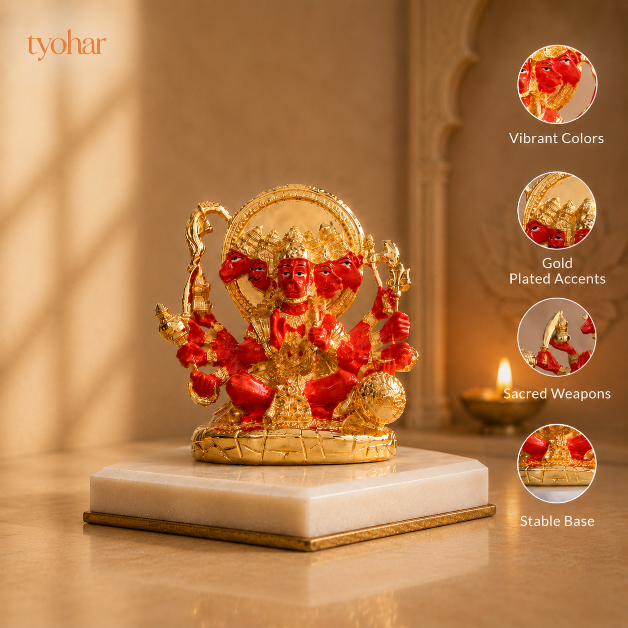Panchmukhi Hanuman Statue With Orange Enamel | Pure 24K Gold Plated