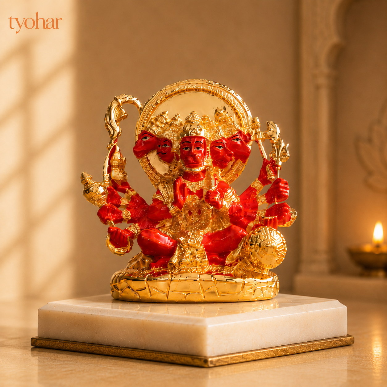 Panchmukhi Hanuman Statue With Orange Enamel | Pure 24K Gold Plated
