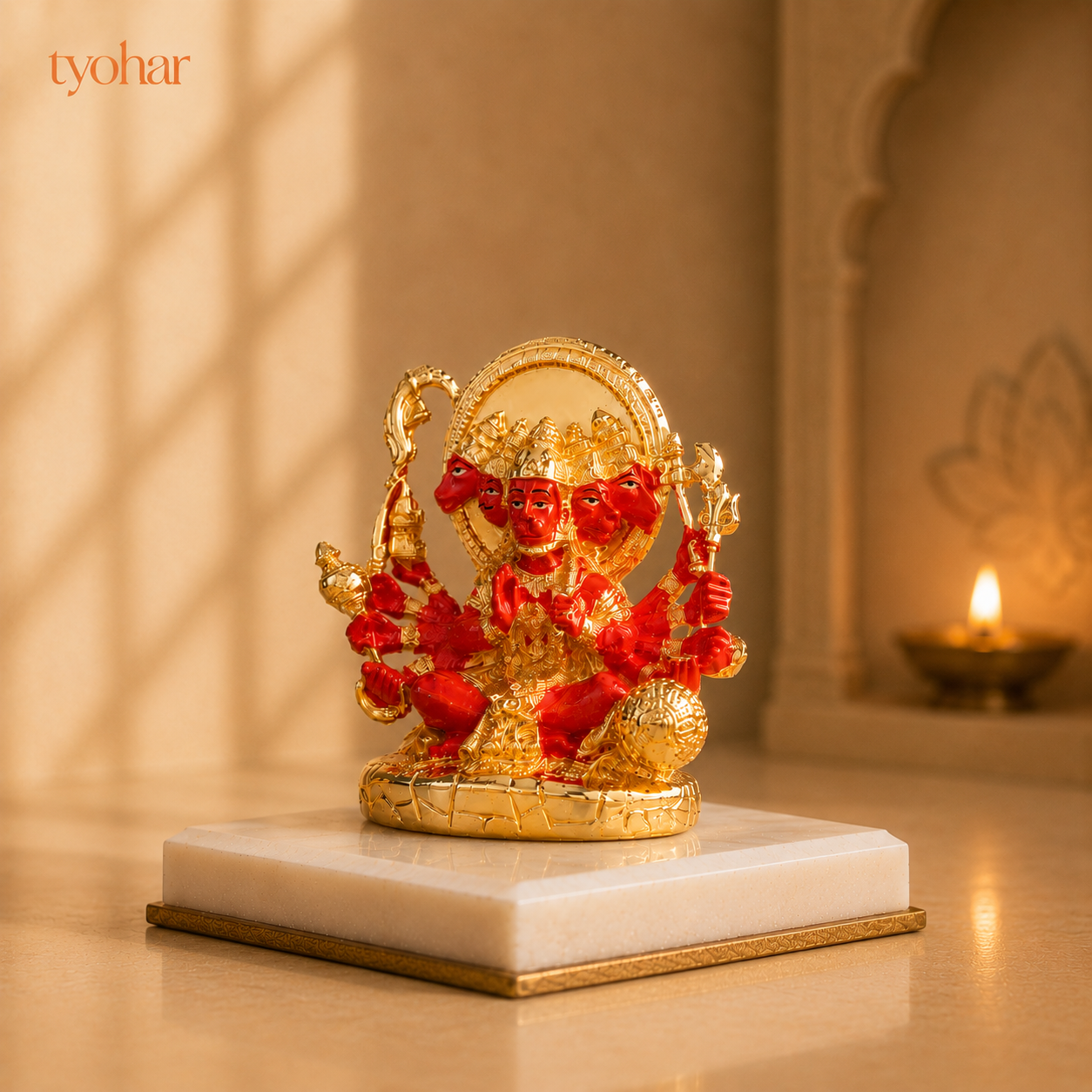 Panchmukhi Hanuman Statue With Orange Enamel | Pure 24K Gold Plated