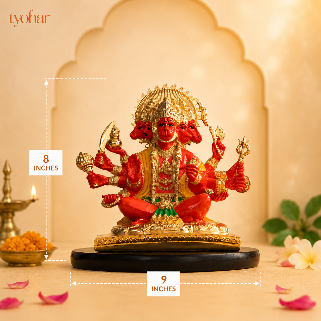 Panchmukhi Hanuman Statue With Orange Enamel | Pure 24K Gold Plated
