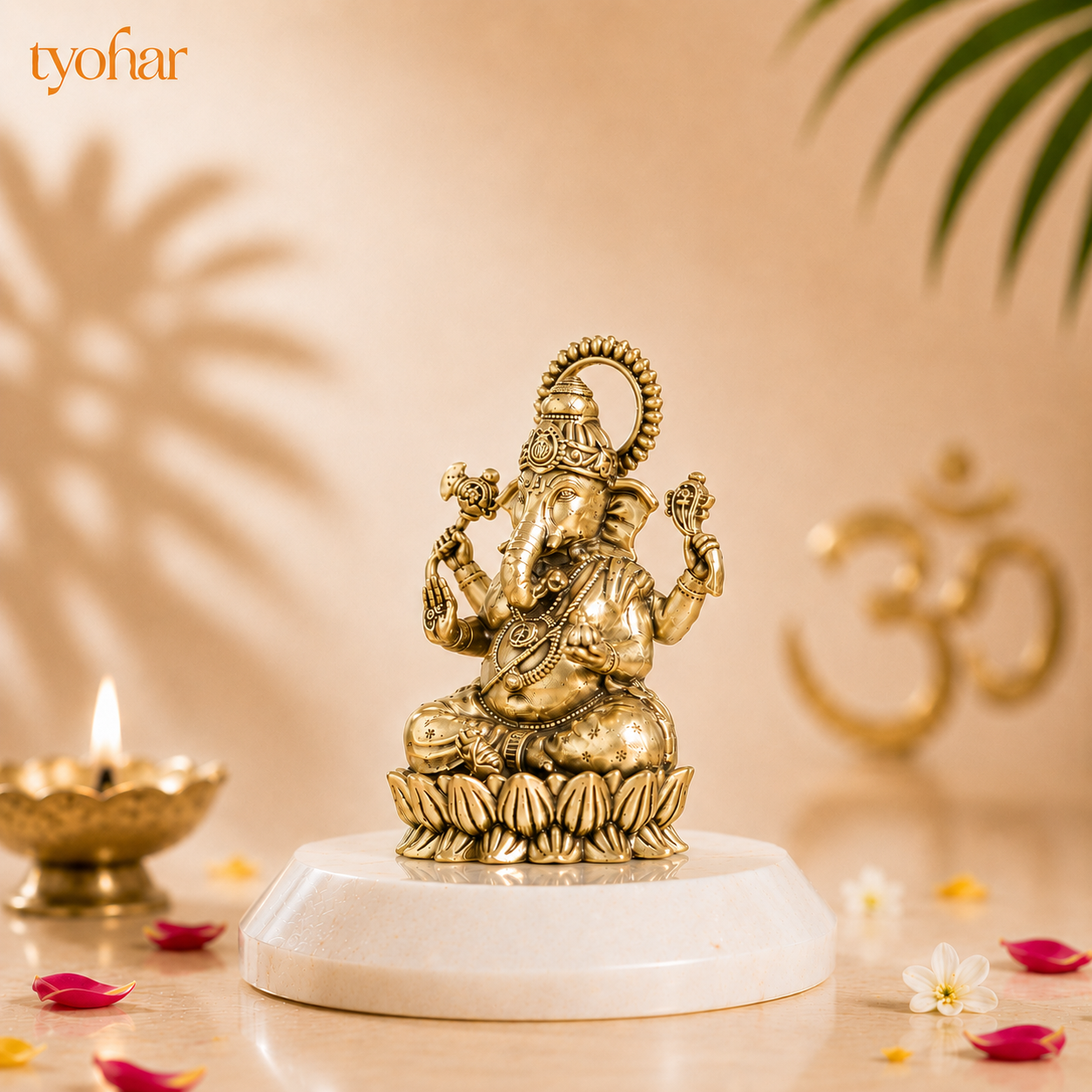 Brass Left-Trunk Vighnaharta Ganesha Murti Sitting On Lotus [3 Inch]