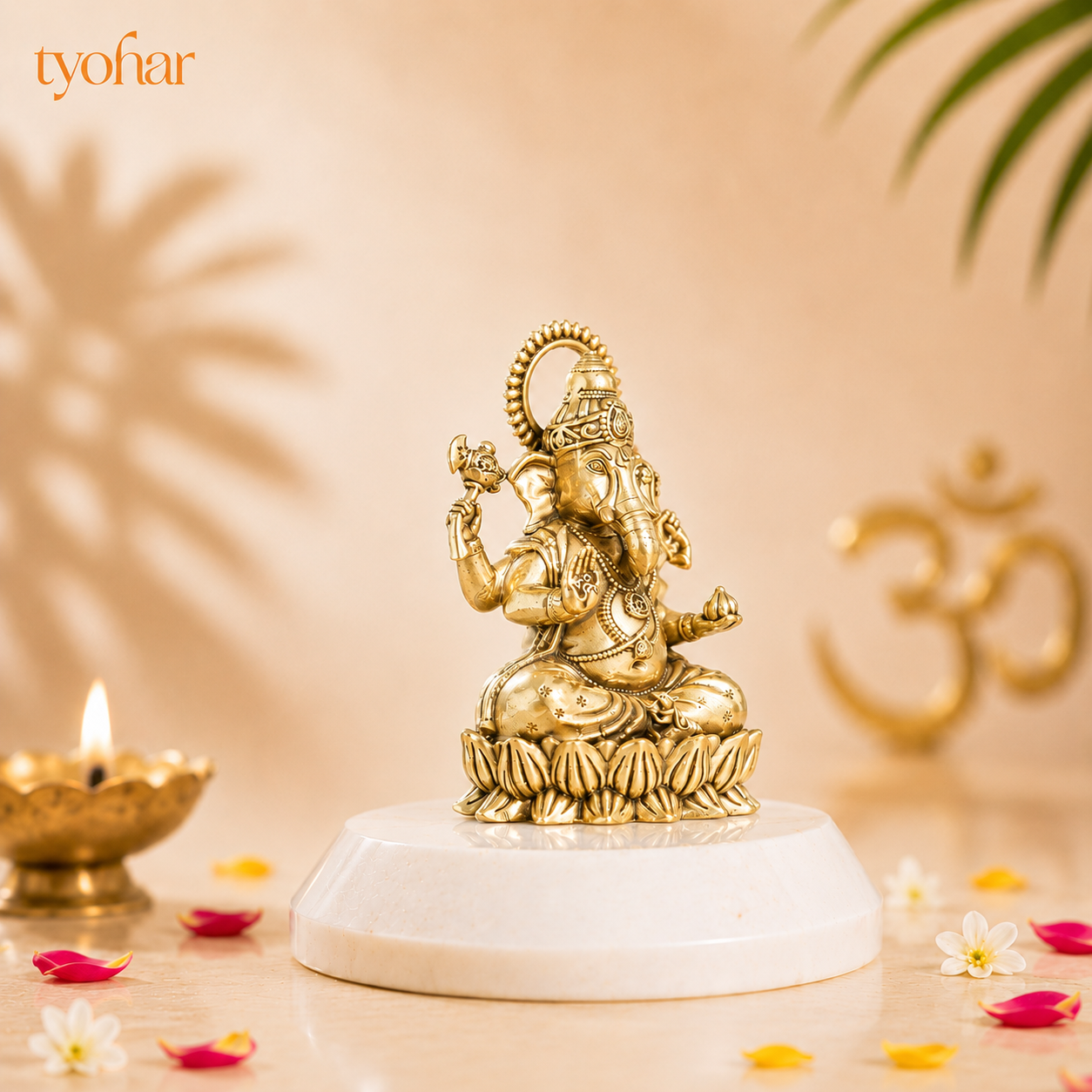 Brass Left-Trunk Vighnaharta Ganesha Murti Sitting On Lotus [3 Inch]