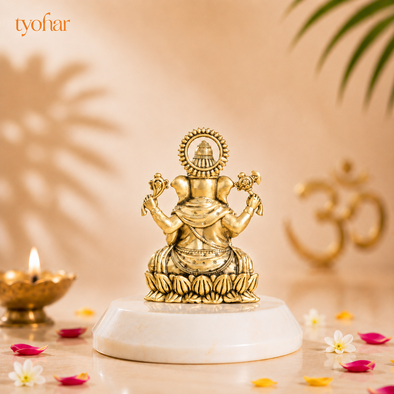 Brass Left-Trunk Vighnaharta Ganesha Murti Sitting On Lotus [3 Inch]