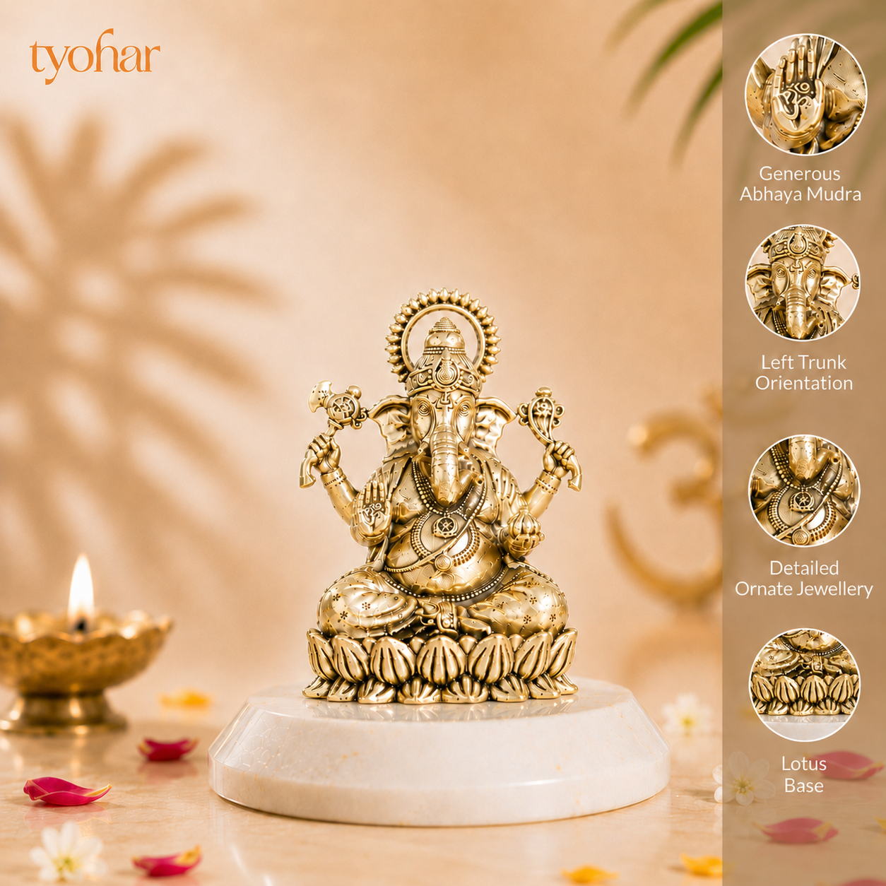 Brass Left-Trunk Vighnaharta Ganesha Murti Sitting On Lotus [3 Inch]