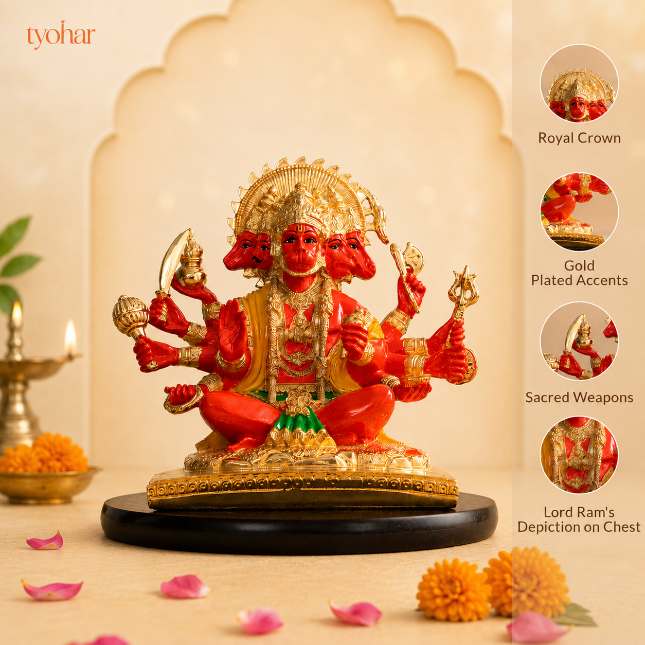 Panchmukhi Hanuman Statue With Orange Enamel | Pure 24K Gold Plated