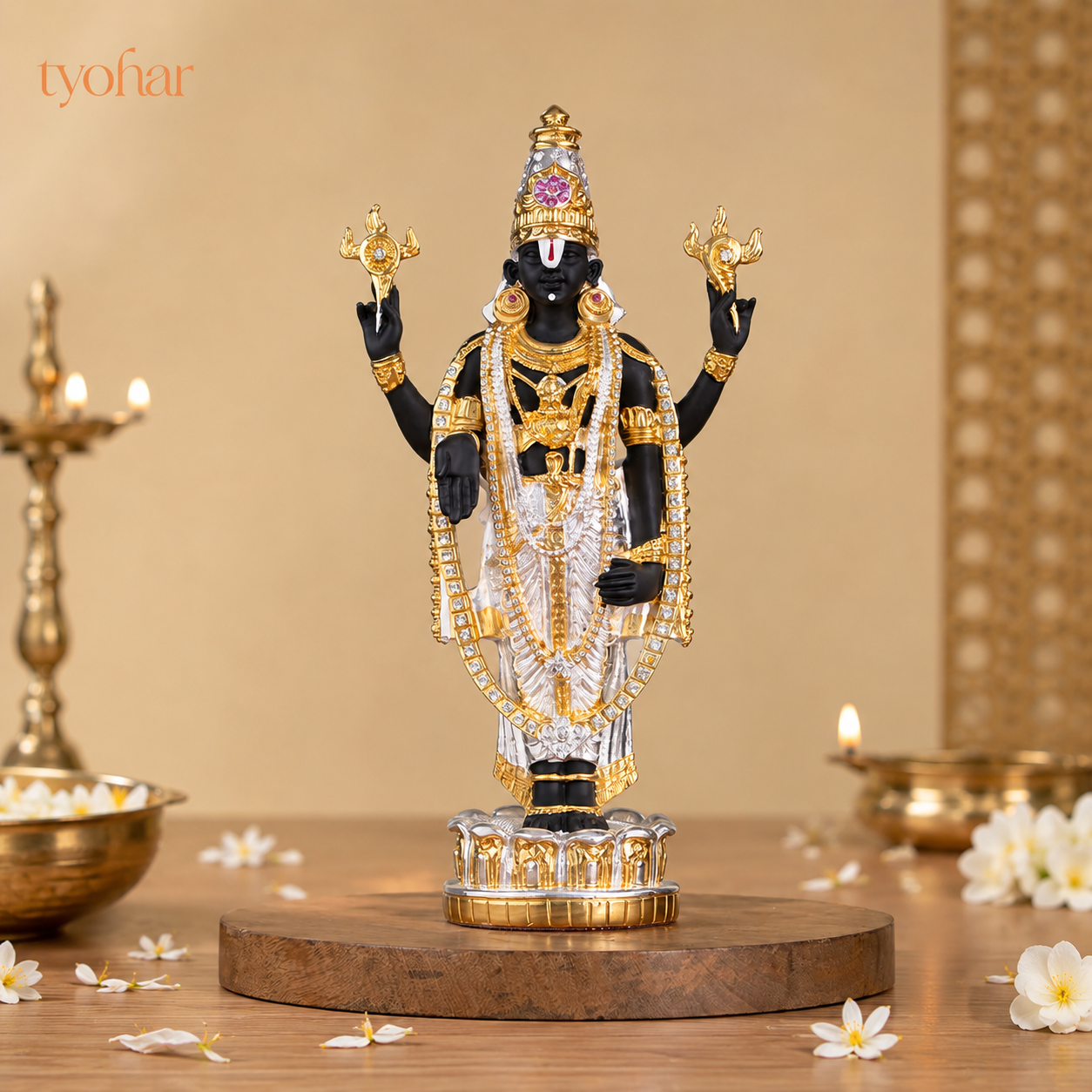 Sri Tirupati Balaji (Venkateswara) Standing Idol | Pure 24K Gold & 999 Silver Plated