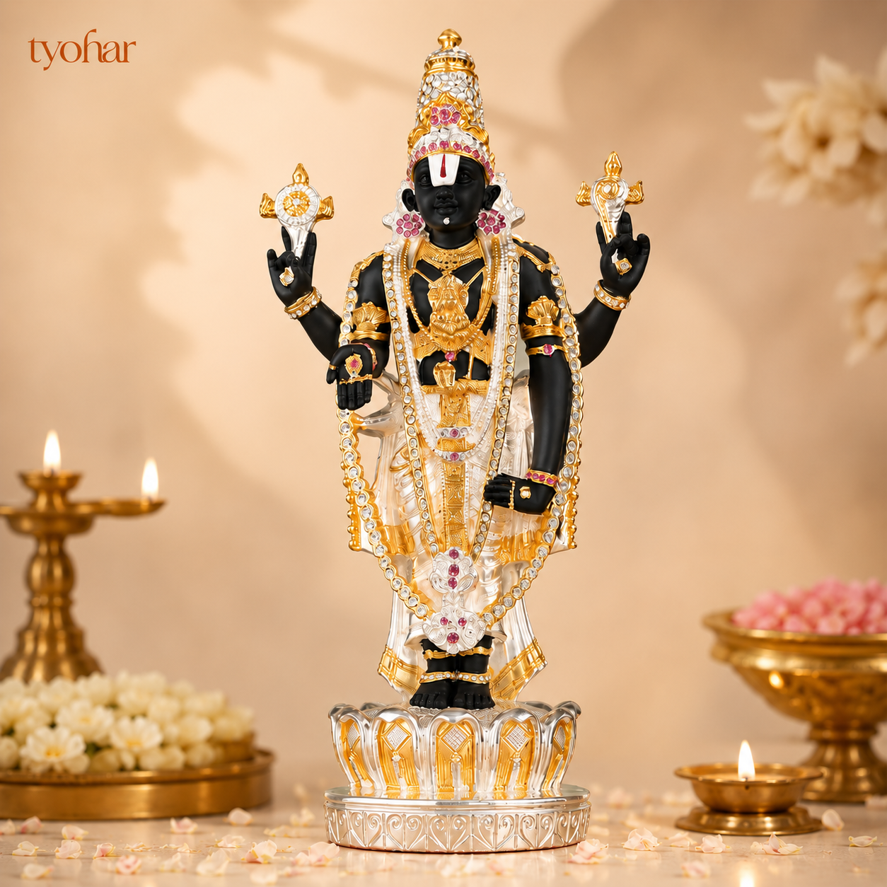 Sri Tirupati Balaji (Venkateswara) Standing Idol | Pure 24K Gold & 999 Silver Plated