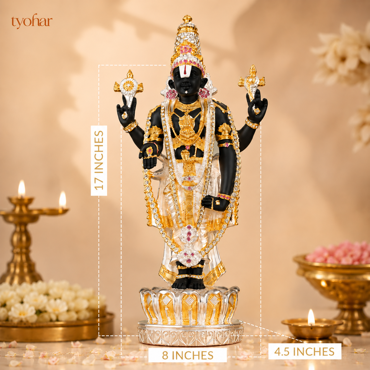 Sri Tirupati Balaji (Venkateswara) Standing Idol | Pure 24K Gold & 999 Silver Plated