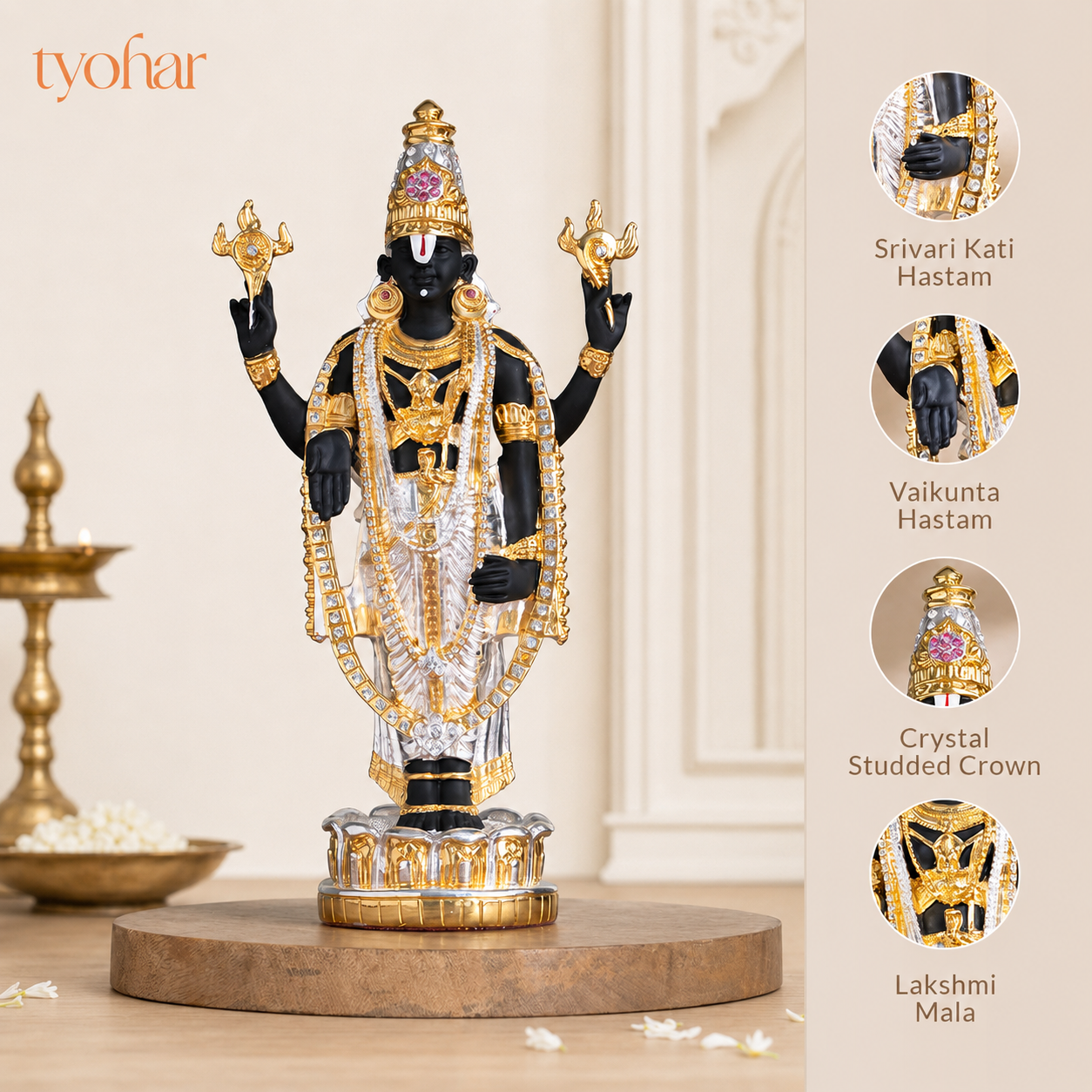 Sri Tirupati Balaji (Venkateswara) Standing Idol | Pure 24K Gold & 999 Silver Plated