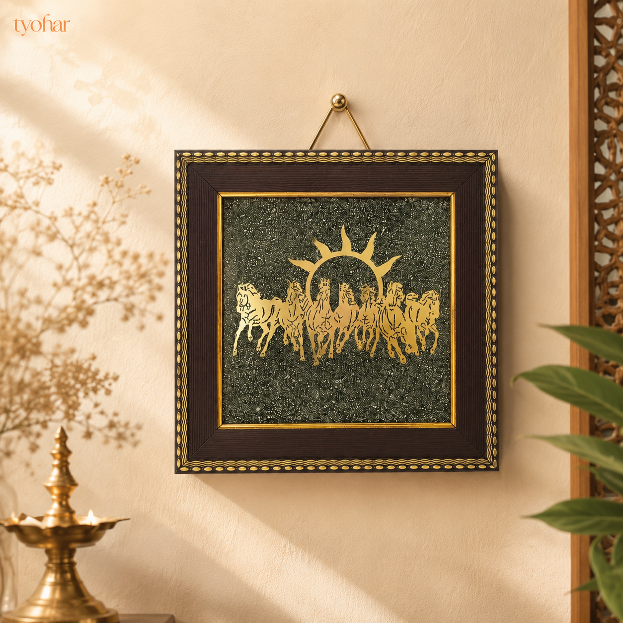 Surya Dev's 7 Horses on Raw Pyrite Dust Plate Frame | Pure 24K Gold Plated