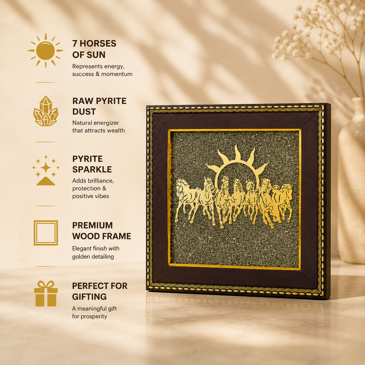 Surya Dev's 7 Horses on Raw Pyrite Dust Plate Frame | Pure 24K Gold Plated