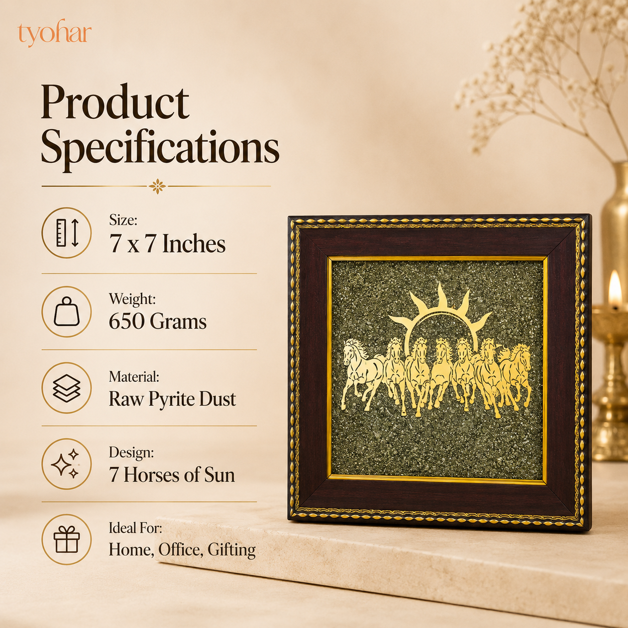 Surya Dev's 7 Horses on Raw Pyrite Dust Plate Frame | Pure 24K Gold Plated