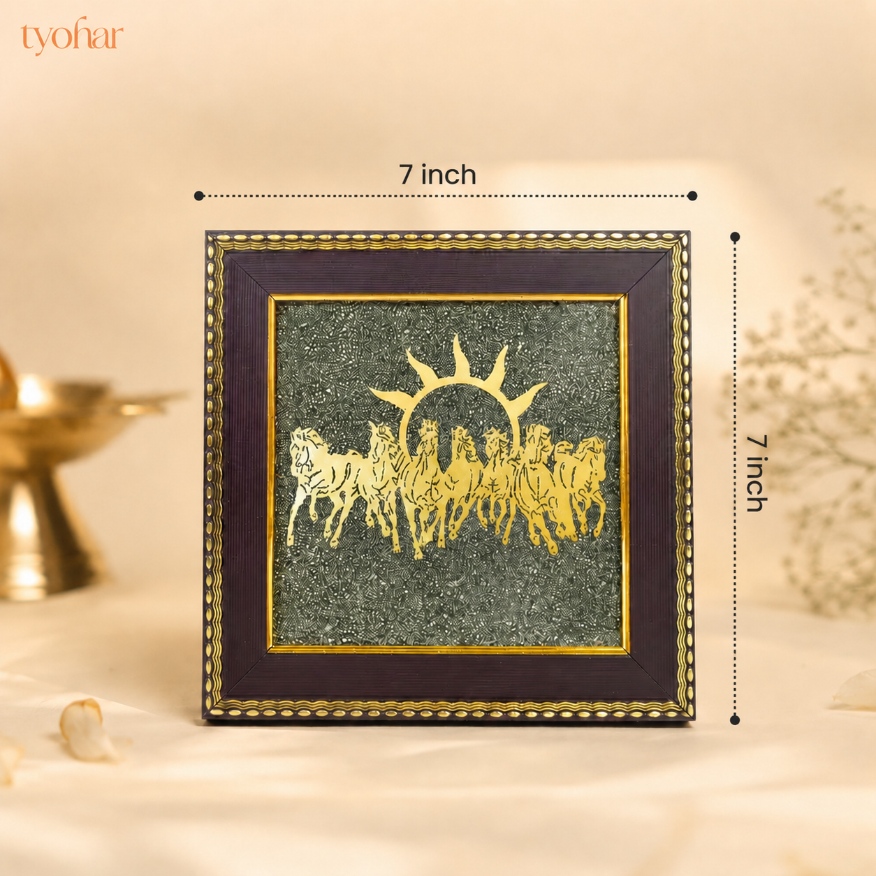 Surya Dev's 7 Horses on Raw Pyrite Dust Plate Frame | Pure 24K Gold Plated