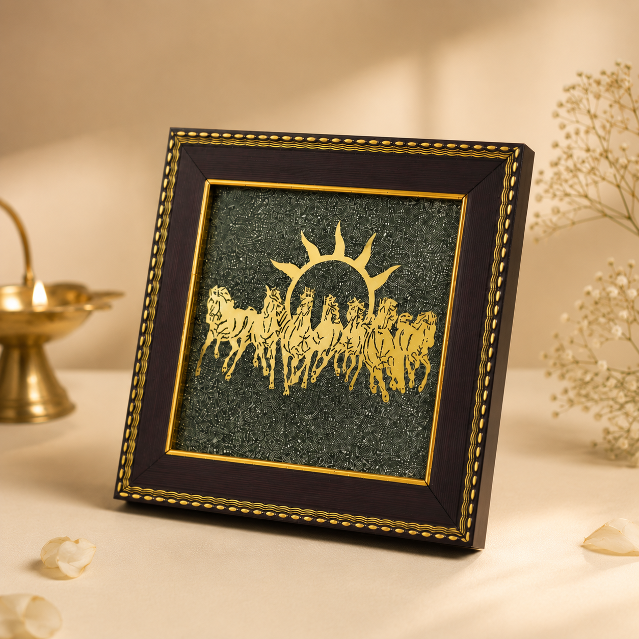 Surya Dev's 7 Horses on Raw Pyrite Dust Plate Frame | Pure 24K Gold Plated