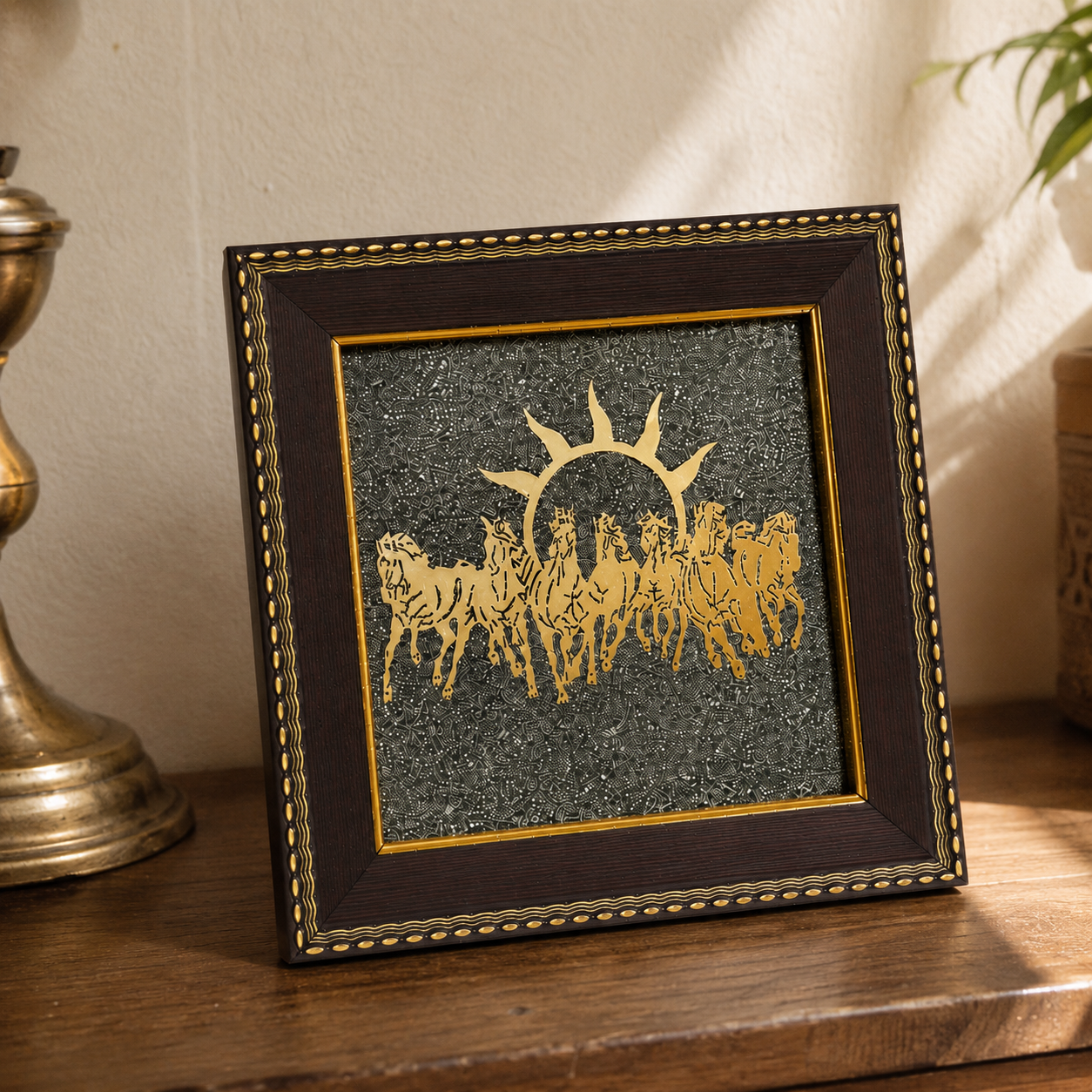 Surya Dev's 7 Horses on Raw Pyrite Dust Plate Frame | Pure 24K Gold Plated
