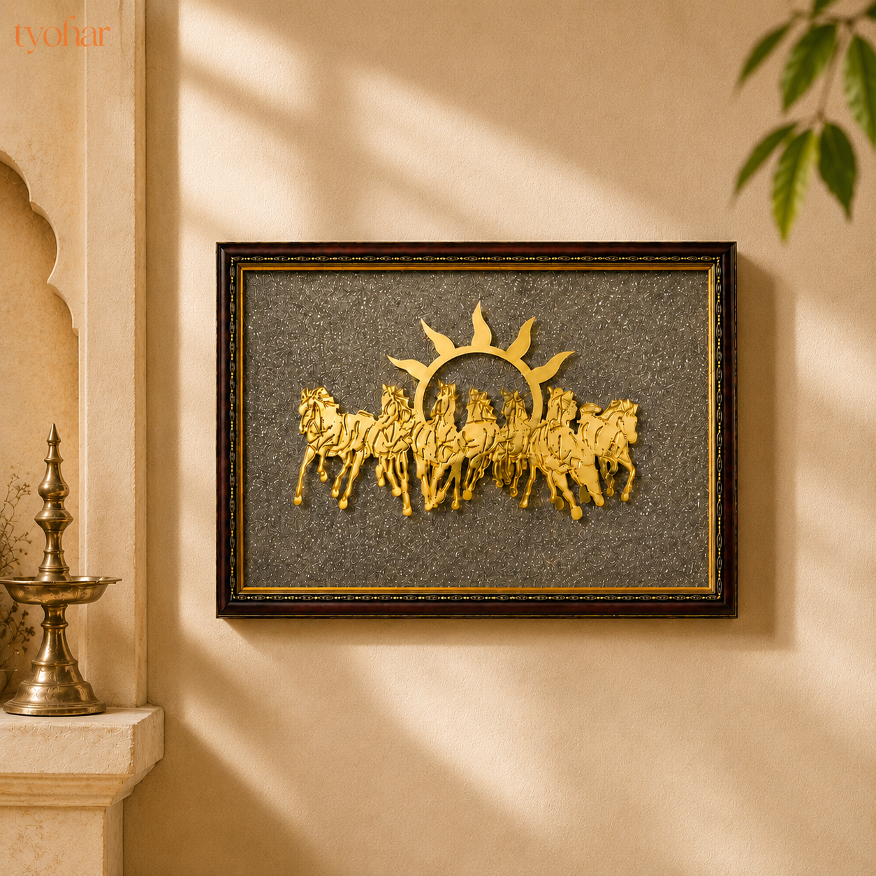 Surya Dev's 7 Horses on Raw Pyrite Dust Plate Frame | Pure 24K Gold Plated