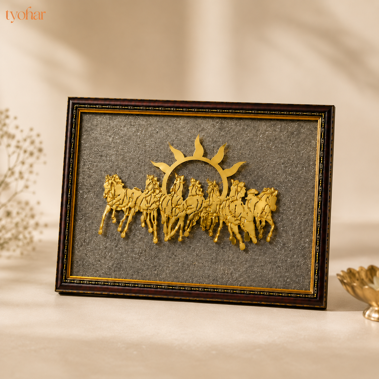 Surya Dev's 7 Horses on Raw Pyrite Dust Plate Frame | Pure 24K Gold Plated