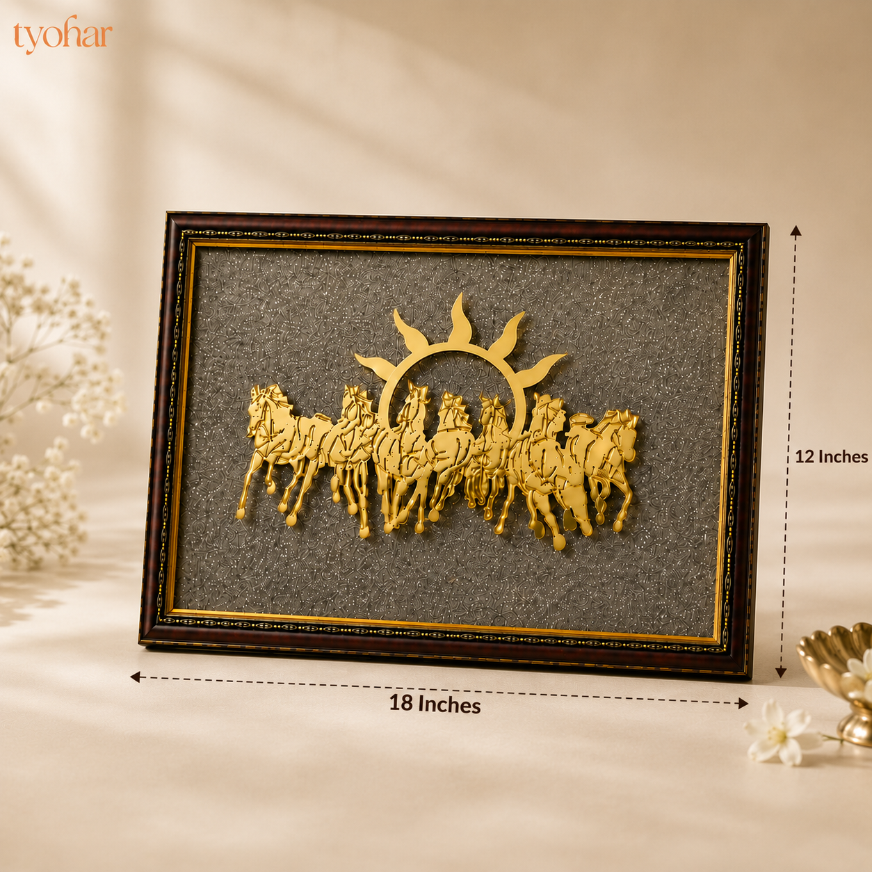 Surya Dev's 7 Horses on Raw Pyrite Dust Plate Frame | Pure 24K Gold Plated