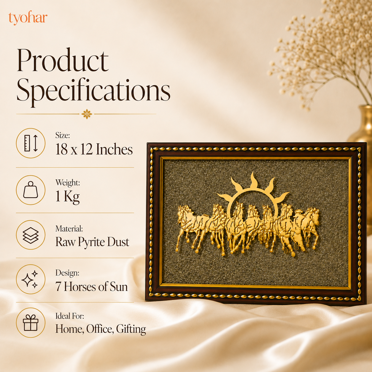 Surya Dev's 7 Horses on Raw Pyrite Dust Plate Frame | Pure 24K Gold Plated