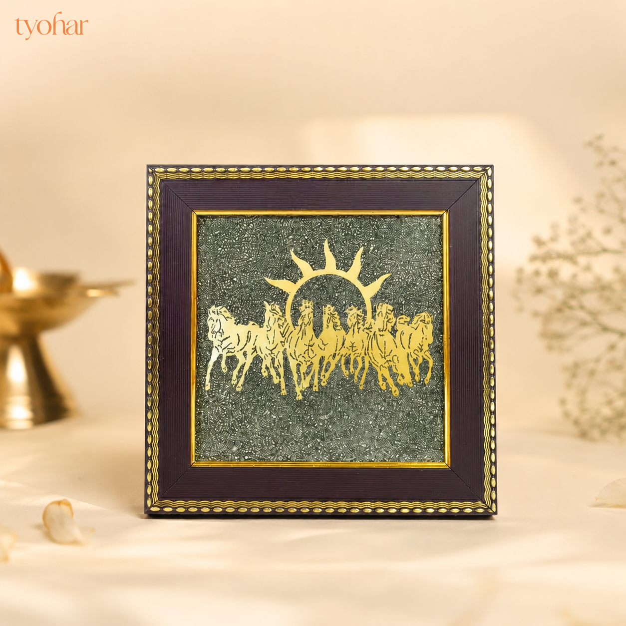 Surya Dev's 7 Horses on Raw Pyrite Dust Plate Frame | Pure 24K Gold Plated