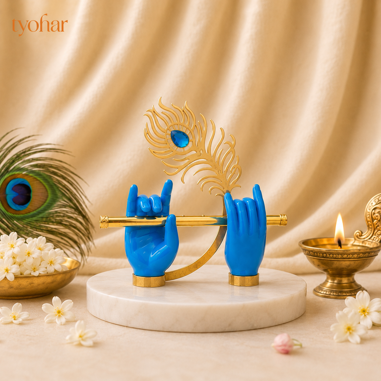 Krishna's Divine Hands with Flute & Intricate Morpankh | Pure 24K Gold Plated