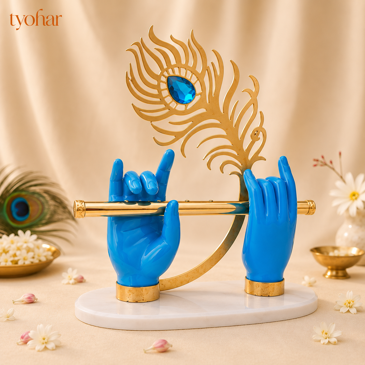 Krishna's Divine Hands with Flute & Intricate Morpankh | Pure 24K Gold Plated