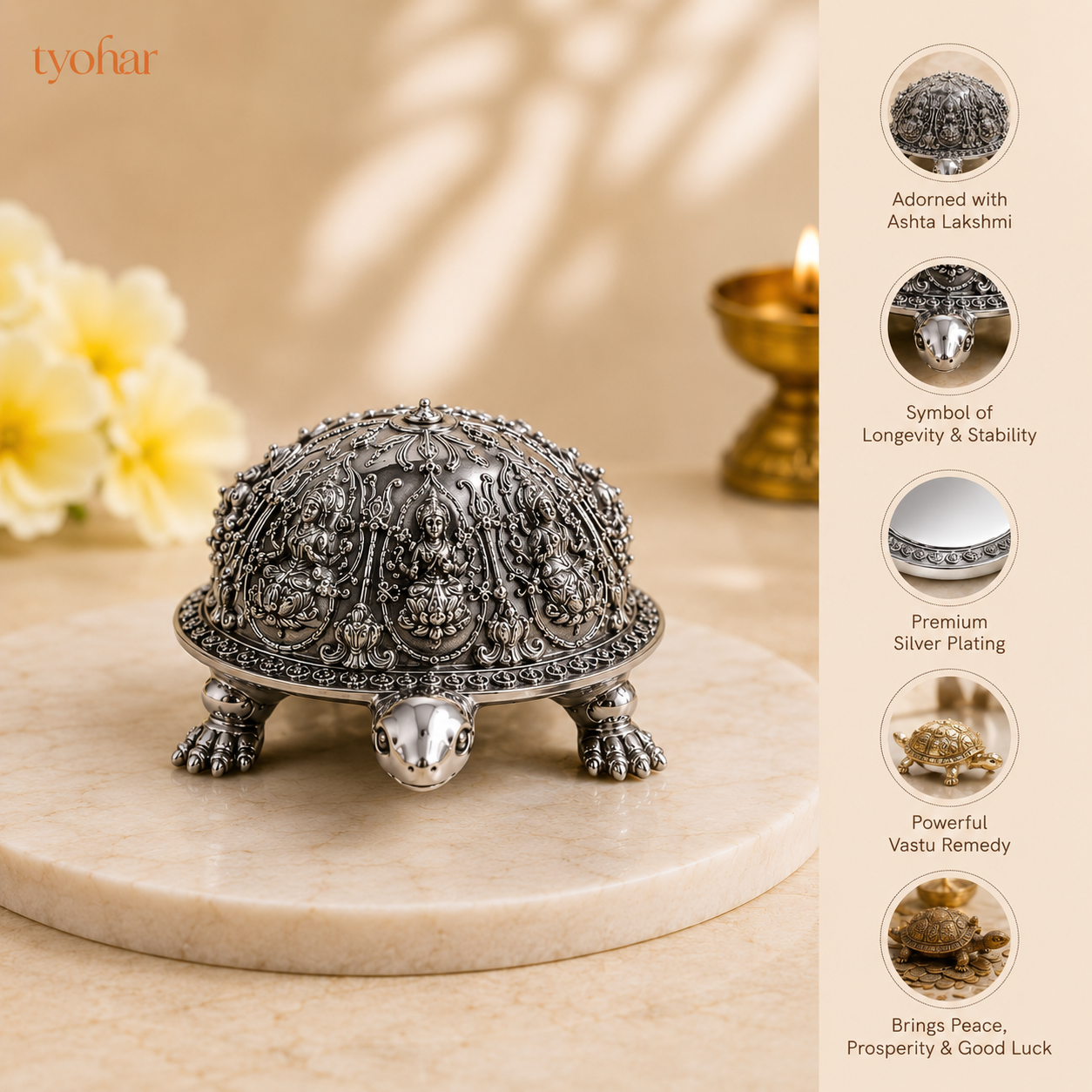 Ashtalakshmi Tortoise Idol | Silver Plated (3.5 inch)