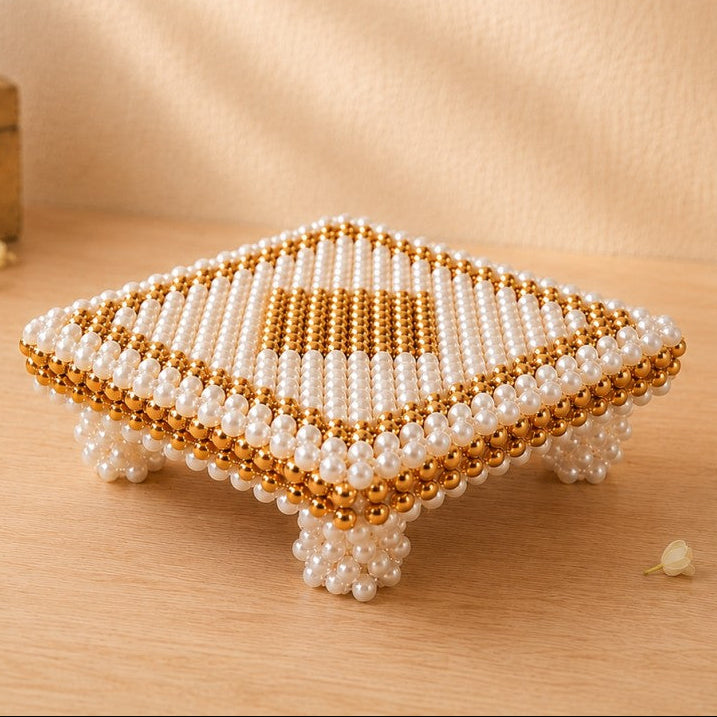 White and Gold Pearl Pooja Chowki [6x6 inches]