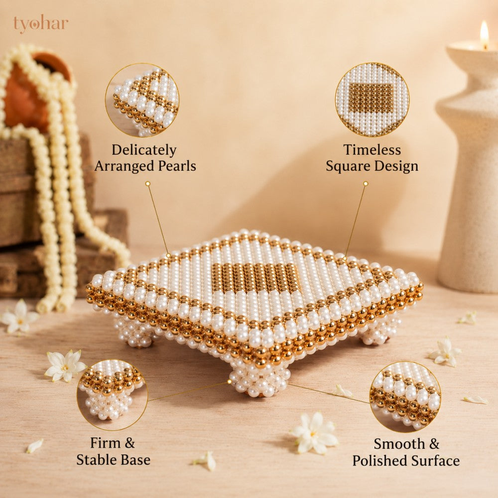 White and Gold Pearl Pooja Chowki [6x6 inches]